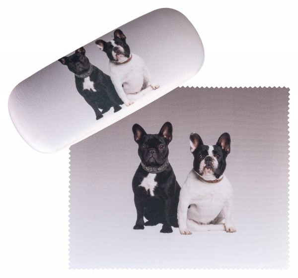 Brillenetui Set mit Putztuch Hund Französische Bulldoggen